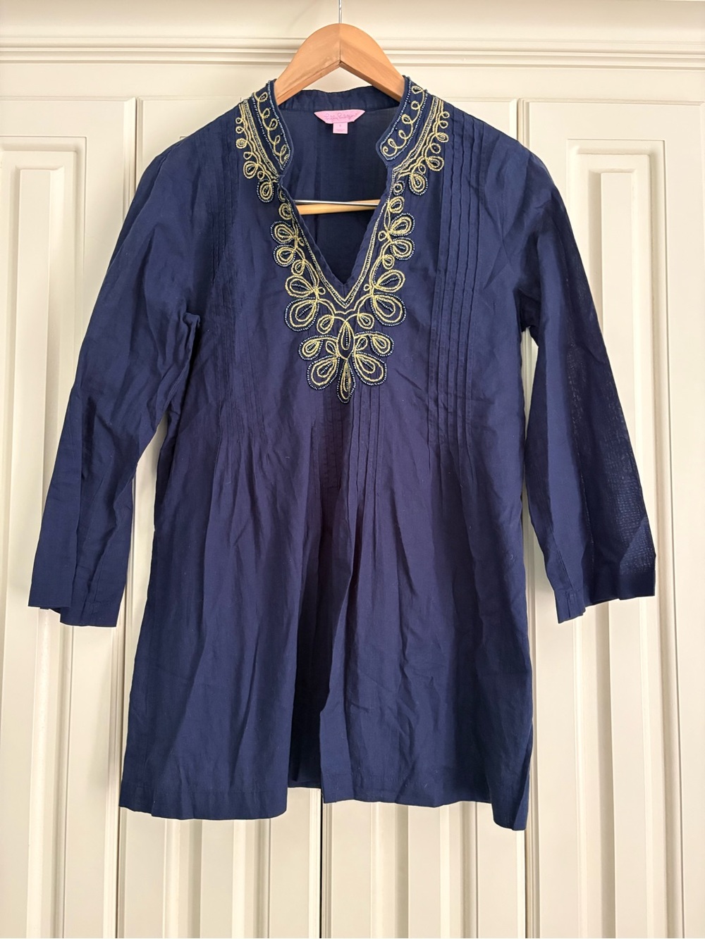 Lilly Pulitzer Blue Embroidered Cotton Semi-Sheer V‎ Neck Tunic Top Size Small
